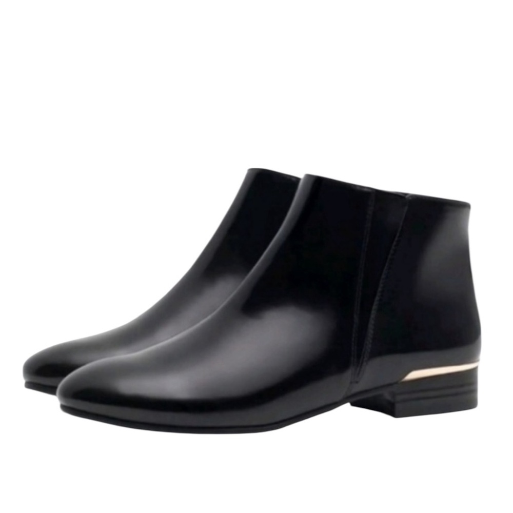 Zara Black Shiny Leather Ankle Boots Booties w/ Gold Detail - 37 / 6.5